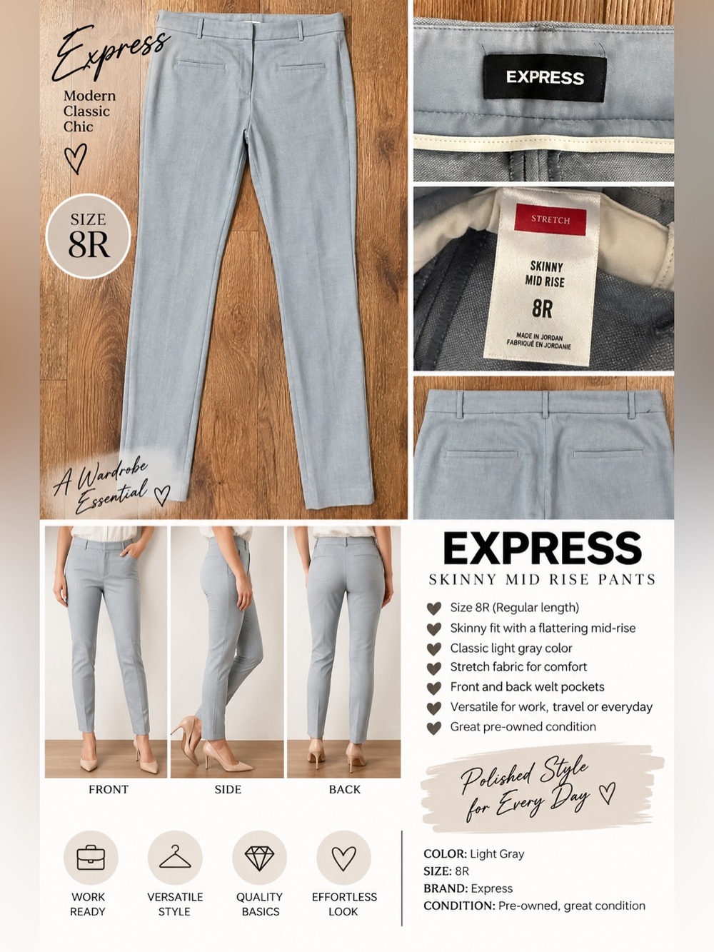 Express Skinny Mid Rise Stretch Dress Pants Gray Size 8R